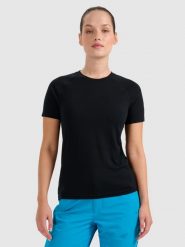 4F Koszulka trekkingowa z wełną merino damska - czarna XL. Czarne bluzki 4f, s, bez wzorów, z wełny, bez kołnierzyka, bez ramiączek. Za 199.99 zł.