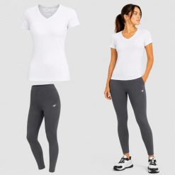 KOMPLET DAMSKI 4F T-SHIRT + LEGGINSY ZESTAW SPORTOWY NA CO DZIEŃ M SS26. Szare legginsy 4f, m, bez wzorów, z bawełny. Za 88.50 zł.