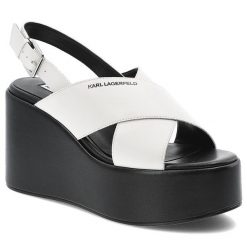 Białe Sandały Karl Lagerfeld Stylowe Obuwie Damskie Na Koturnie. Białe sandały KARL LAGERFELD, bez wzorów, ze skóry, eleganckie, bez obcasa, na koturnie, bez zapięcia. Za 755.99 zł.