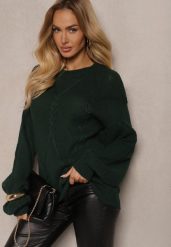 Ciemnozielony Sweter z Ozdobnym Tłoczeniem i Ściągaczami Temariel. Zielone swetry Renee, bez wzorów, z jeansu, bez ramiączek. Za 74.99 zł.