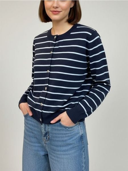 Kardigan z guzikami w paski - granatowy. Niebieskie kardigany Sinsay, l, bez wzorów. Za 49.99 zł.