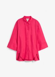 Bluzka koszulowa z chłodzącego materiału z lnem. Czerwone bluzki bonprix, bez wzorów, eleganckie, bez kołnierzyka, bez ramiączek. Za 149.99 zł.