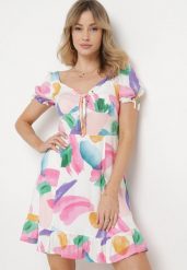 Biało-Różowa Wiskozowa Sukienka z Krótkim Rękawem i Sznurowanym Dekoltem typu Serce Telldora. Białe sukienki Born2be, na spacer, l, bez wzorów, z materiału, eleganckie, bez kołnierzyka, bez ramiączek, mini. Za 79.99 zł.