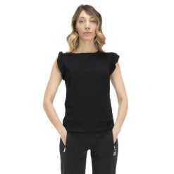 T-shirt damski z falbaną w kolorach ziemi. Czarne t-shirty LEONE 1947 APPAREL, l, bez wzorów, z tkaniny, bez kołnierzyka, bez ramiączek. W wyprzedaży za 83.85 zł.