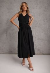 Czarna Rozkloszowana Sukienka z Bawełną i Wiskozą Ozdobiona Paskiem Amalis. Czarne sukienki Renee, do pracy, l, bez wzorów, z bawełny, biznesowe, bez kołnierzyka, bez ramiączek, maxi, rozkloszowane. Za 159.99 zł.