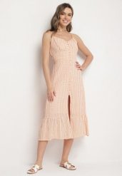 Pomarańczowa Sukienka Rozkloszowana na Ramiączkach z Guzikami z Wiskozą Efrinelle. Brązowe sukienki Born2be, na co dzień, l, bez wzorów, z wiskozy, eleganckie, bez kołnierzyka, bez ramiączek, midi, rozkloszowane. Za 99.99 zł.