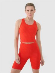 4F Crop top treningowy szybkoschnący damski - czerwony XS. Czerwone koszulki sportowe 4f, bez wzorów, z dzianiny, bez ramiączek, na fitness i siłownię. W wyprzedaży za 39.99 zł.