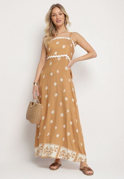 Brązowa Wiskozowa Sukienka z Geometrycznym Wzorem Lenirisa. Brązowe sukienki Born2be, na co dzień, na lato, l, z aplikacjami, z jeansu, eleganckie, bez kołnierzyka, bez ramiączek. Za 79.99 zł.