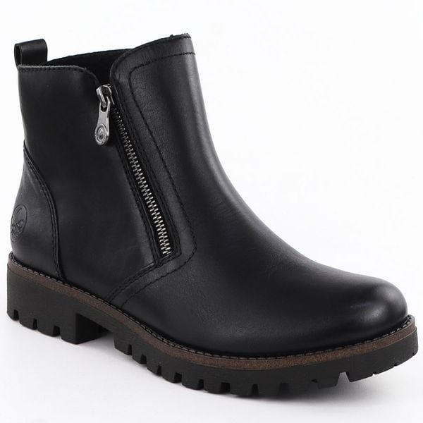 Skórzane botki damskie workery czarne Rieker 78556-00. Czarne botki Rieker, bez wzorów, ze skóry, bez obcasa, bez zapięcia. Za 439.00 zł.