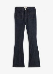 Dżinsy o kroju bootcut, high waist, z wygodnym pasem. Niebieskie jeansy bonprix, bez wzorów, z podwyższonym stanem. Za 124.99 zł.