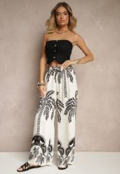 Białe Spodnie z Wiskozy o Szerokim Kroju High Waist z Palmami Varritia. Białe spodnie materiałowe Renee, na co dzień, l, bez wzorów, z jeansu, z podwyższonym stanem. W wyprzedaży za 29.99 zł.