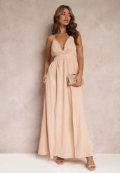 Beżowa Rozkloszowana Sukienka Maxi na Ramiączkach z Trójkątnym Dekoltem Claudi. Brązowe sukienki Renee, na imprezę, l, bez wzorów, eleganckie, bez kołnierzyka, dla wysokich, bez ramiączek, maxi, rozkloszowane. Za 99.99 zł.