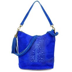 Shopperka chabrowa skórzana croco W13. Niebieskie shopper z aplikacjami, z materiału, retro, na ramię, zamszowe, bez dodatków. Za 148.49 zł.