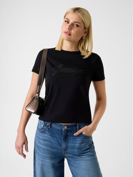 Guess T-Shirt W6GI08 K3023 Czarny Regular Fit. Czarne t-shirty Guess, xs, z aplikacjami, z bawełny, bez kołnierzyka, bez ramiączek. Za 125.99 zł.