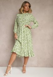 Zielona Rozkloszowana Sukienka z Gumką w Talii Zdobiona Falbankami Ridirina. Zielone sukienki Renee, na co dzień, m, z aplikacjami, eleganckie, bez kołnierzyka, bez ramiączek, midi, rozkloszowane. Za 79.99 zł.
