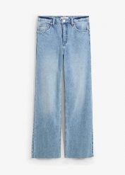 Jeansy wide leg, wysoki stan. Niebieskie jeansy bonprix, bez wzorów, z podwyższonym stanem. Za 124.99 zł.