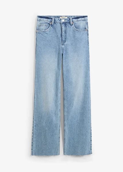 Jeansy wide leg, wysoki stan. Niebieskie jeansy bonprix, bez wzorów, z podwyższonym stanem. Za 124.99 zł.