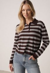 Brązowy Sweter w Paski z Kołnierzykiem z Wiskozą Minkalia. Brązowe swetry Born2be, m, bez wzorów, z jeansu, bez ramiączek. Za 119.99 zł.