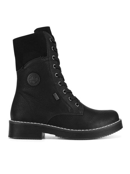 Rieker Trzewiki 70048-01 Czarny. Czarne botki Rieker, bez wzorów, z materiału, bez obcasa, na płaskiej podeszwie, bez zapięcia. Za 343.99 zł.