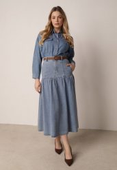 Niebieska Bawełniana Spódnica Jeansowa z Rozkloszowanym Dołem i Plecionym Paskiem Doriame. Niebieskie spódnice Born2be, do pracy, l, bez wzorów, z bawełny, biznesowe, midi, dopasowane. Za 189.99 zł.