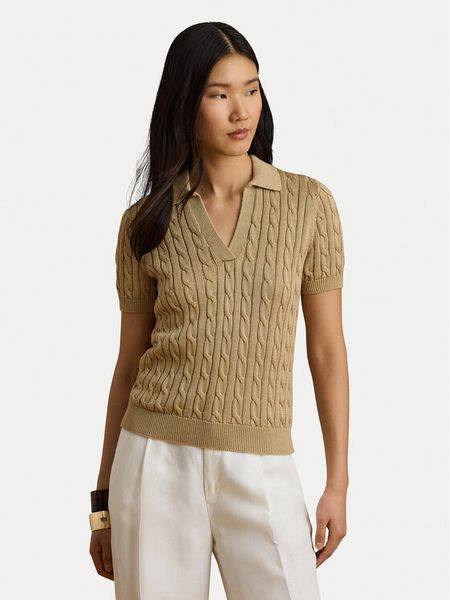 LAUREN RALPH LAUREN Polo 200P14041006 Beżowy Regular Fit. Brązowe koszulki polo Lauren Ralph Lauren, s, bez wzorów, z bawełny, bez kołnierzyka, bez ramiączek. Za 663.99 zł.
