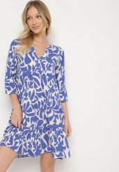 Niebieska Wiskozowa Rozkloszowana Sukienka z Abstrakcyjnym Wzorem Liracalia. Niebieskie sukienki Born2be, na co dzień, l, bez wzorów, z tkaniny, eleganckie, bez kołnierzyka, bez ramiączek, mini, rozkloszowane. Za 89.99 zł.