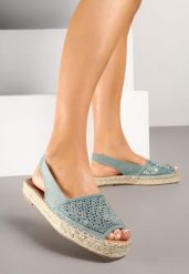 Niebieskie Sandały w Stylu Espadryli z Cyrkoniami na Podeszwie z Plecionki Neorwena. Niebieskie sandały Renee, bez wzorów, eleganckie, bez obcasa, na płaskiej podeszwie, bez zapięcia. W wyprzedaży za 74.99 zł.