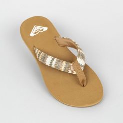 Japonki damskie Roxy Porto Raffia. Brązowe klapki Roxy, bez wzorów, z bawełny, bez obcasa. W wyprzedaży za 89.99 zł.