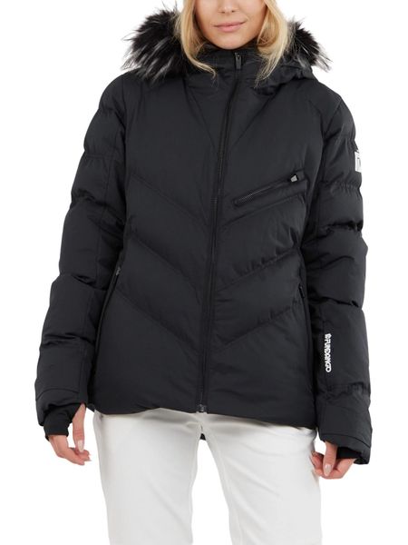 Damska kurtka narciarska Fundango Elyra Fur Padded. Czarne kurtki narciarskie FUNDANGO, l, z aplikacjami, z materiału, bez kaptura, narciarskie. Za 499.00 zł.