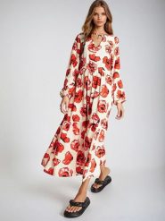 Monki Sukienka w kolorze kremowo-czerwonym rozmiar: XXS. Brązowe sukienki Monki, xxs, bez wzorów, z wiskozy, bez kołnierzyka, bez ramiączek, maxi. Za 43.99 zł.