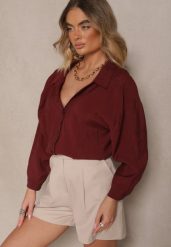 Bordowa Koszula z Modalem o Fasonie Oversize Adavelle. Czerwone koszule Renee, bez wzorów, z jeansu, eleganckie, bez kołnierzyka, bez ramiączek. Za 89.99 zł.
