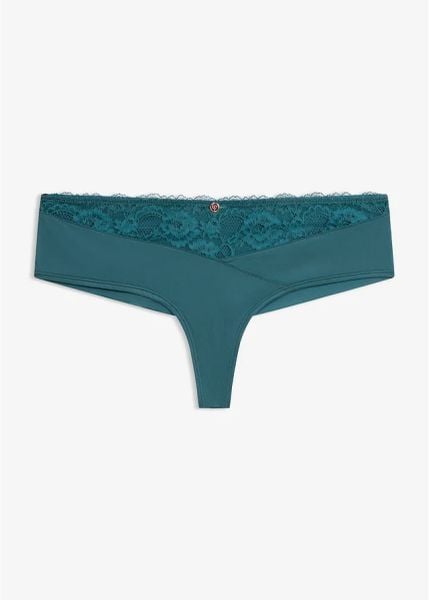 Stringi panty z elegancką koronką i bezszwowym tyłem. Niebieskie stringi bonprix, bez wzorów, z koronki. Za 29.99 zł.