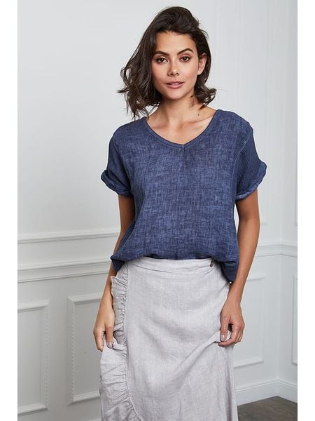 Fleur de Lin Lniana koszulka "Fabius" w kolorze granatowym rozmiar: XL. Niebieskie bluzki Fleur de Lin, xl, bez wzorów, ze lnu, bez kołnierzyka, bez ramiączek. Za 160.96 zł.