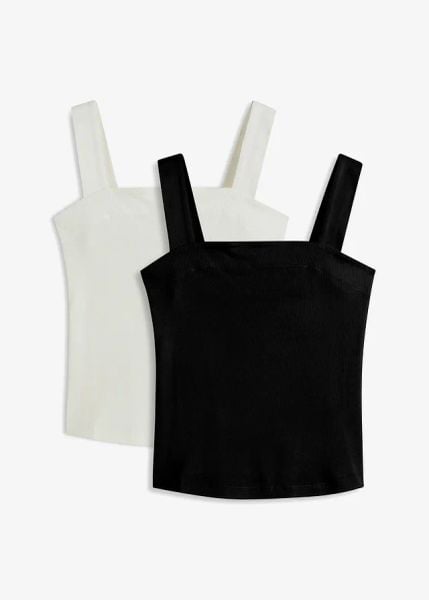 Top w prążek (2 szt.) z bawełny organicznej. Białe topy bonprix, bez wzorów, z bawełny, bez kołnierzyka, bez ramiączek. Za 64.99 zł.
