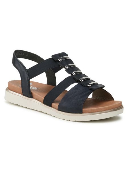 Rieker Sandały V5051-14 Granatowy. Niebieskie sandały Rieker, bez wzorów, z syntetyku, bez obcasa, na płaskiej podeszwie, bez zapięcia. Za 309.99 zł.