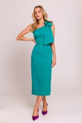 Elegancka sukienka ołówkowa na jedno ramię z kokardą turkus. Niebieskie sukienki MOE, na imprezę, l, bez wzorów, z elastanu, eleganckie, z asymetrycznym kołnierzem, bez ramiączek, midi, asymetryczne. Za 409.00 zł.