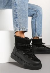 Czarne Śniegowce na Grubej Podeszwie ze Sznurowaniem Izandra. Czarne trapery i śniegowce Born2be, z wełny. Za 89.99 zł.