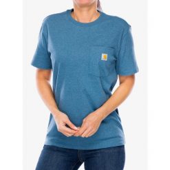 Koszulka bawełniana damska Carhartt Workwear Pocket S/S T-Shirt. Niebieskie koszulki sportowe Carhartt, bez wzorów, z bawełny, bez ramiączek. Za 95.99 zł.