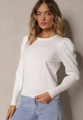 Biały Sweter z Dodatkiem Wiskozy i Cyrkoniami Zakończony Ściągaczem Glorivia. Białe swetry Renee, bez wzorów, z jeansu, bez ramiączek. Za 79.99 zł.