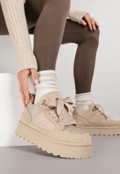 Ciemnobeżowe Sznurowane Sneakersy Śniegowce na Grubej Podeszwie Vamitte. Brązowe trapery i śniegowce Born2be, z jeansu. Za 109.99 zł.