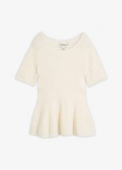 Wełniany sweter z baskinką, z miękkiej mieszanki wełny. Białe swetry bonprix, bez wzorów, z materiału, bez ramiączek. Za 199.99 zł.