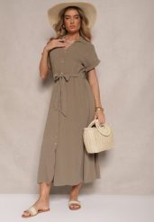 Zielona Bawełniana Sukienka Koszulowa z Wiązanym Paskiem i Krótkim Rękawem Elannoria. Zielone sukienki Renee, na co dzień, m, bez wzorów, z bawełny, eleganckie, bez kołnierzyka, bez ramiączek, maxi, koszulowe. Za 99.99 zł.