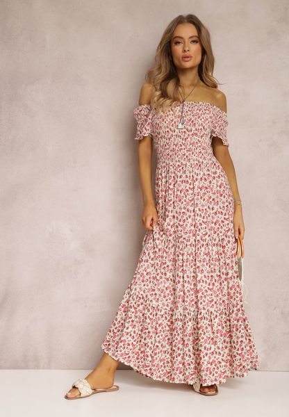 Różowo-Zielona Sukienka z Wiskozy Tariya. Czerwone sukienki Renee, m, z aplikacjami, z wiskozy, boho, bez kołnierzyka, bez ramiączek, maxi. Za 69.99 zł.