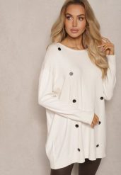 Jasnobeżowy Sweter Zimowy Ozdobiony Symetrycznie Guzikami Milabia. Brązowe swetry Renee, na zimę, xl, bez wzorów, z jeansu, bez ramiączek. Za 59.99 zł.
