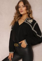 Czarna Bluzka z Bufiastym Rękawem i Kwiatowym Haftem Oluze. Czarne bluzki Renee, l, bez wzorów, z jeansu, eleganckie, bez kołnierzyka, bez ramiączek. W wyprzedaży za 111.99 zł.