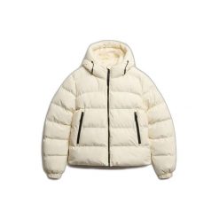 Damska kurtka z kapturem Superdry. Białe swetry Superdry, na zimę, bez wzorów, z puchu, bez ramiączek. W wyprzedaży za 516.50 zł.