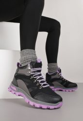 Czarno-Fioletowe Buty Trekkingowe Trapery Vices Ozdobione Przeszyciami Narrive. Czarne trekkingi Born2be, z dresówki, przed kolano. Za 89.99 zł.