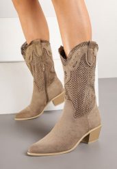 Ciemnobeżowe Ażurowe Botki na Obcasie w Stylu Kowbojek Felorwen. Brązowe botki Born2be, z aplikacjami, z jeansu, bez obcasa, na obcasie, bez zapięcia. Za 139.99 zł.