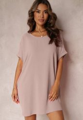 Różowa Sukienka Mini o Fasonie Nietoperza z Okrągłym Dekoltem Maglia. Czerwone sukienki Renee, bez wzorów, bez kołnierzyka, bez ramiączek, mini. Za 54.99 zł.