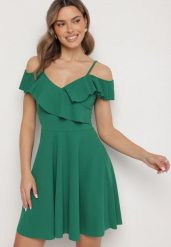 Zielona Sukienka Rozkloszowana na Ramiączkach z Falbankami Polauri. Zielone sukienki Born2be, na co dzień, m, bez wzorów, eleganckie, bez kołnierzyka, bez ramiączek, mini, rozkloszowane. Za 79.99 zł.